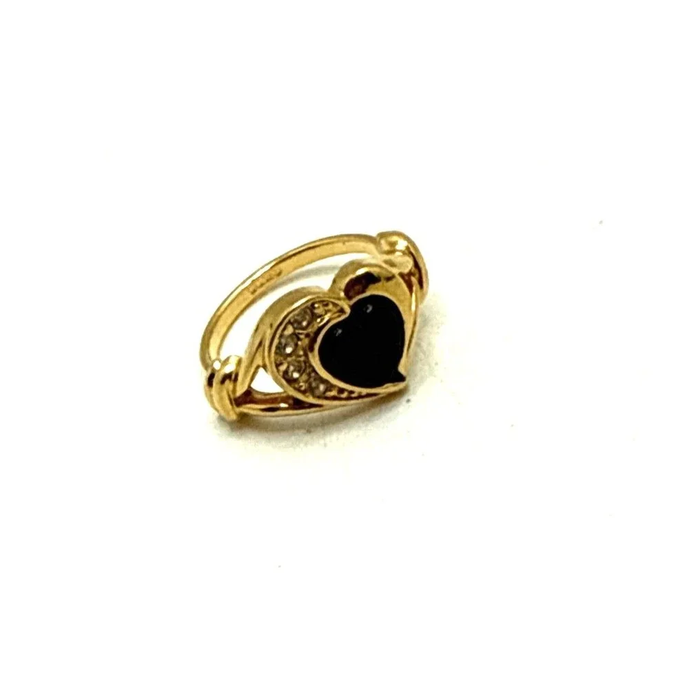 Vintage 1993 Avon Genuine Onyx Heart Ring Gold Tone Rhinestone Accent Sz 5